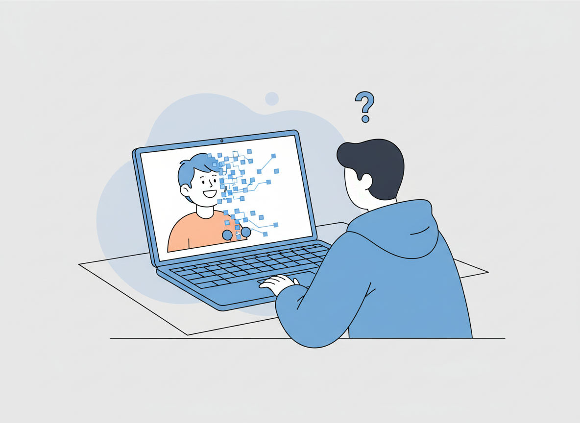 노트북 영상통화 화면 속 사람 얼굴의 절반이 파란 픽셀로 흩어지고, 앞에서 사람이 고개를 갸우뚱하는 일러스트